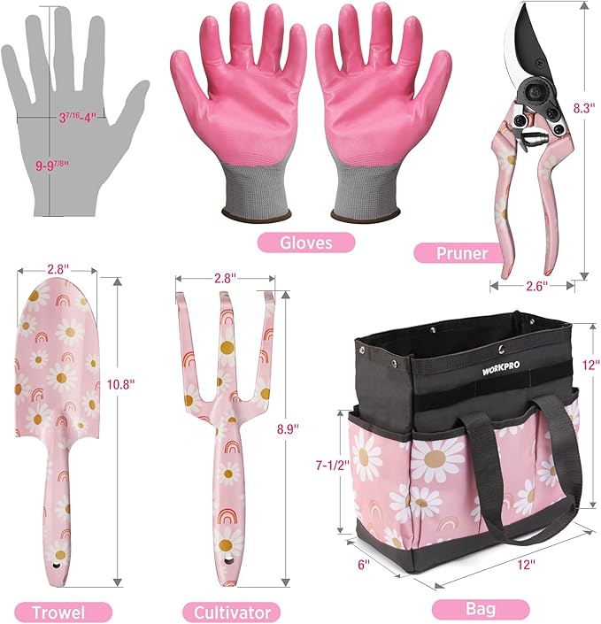 WORKPRO 5PCS Garden Tool Set, Aluminum Heavy Duty Gardening Tool Set with Garden Tool Bag, Outdoor Garden Hand Tools, Pink, Garden Gifts