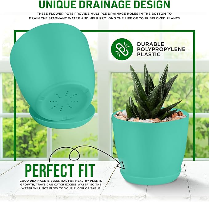 Planter Pots with Drainage Holes - Lightweight, Durable, and Space-Saving Pots for Indoor and Outdoor - Versatile Functionality, Simple Modern Design, Set of 10 Plastic Planter Pots - Aqua