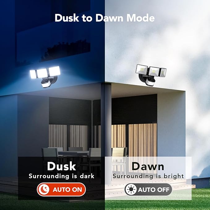 OREiN 3500LM/26W Flood Lights Outdoor, 240°/40FT Big Motion Sensor Outdoor Lights Dusk to Dawn Security Lights IP65 Waterproof 3 Modes for Outside 3500SQ.FT Front Door, Garage, Black (Hardwired)