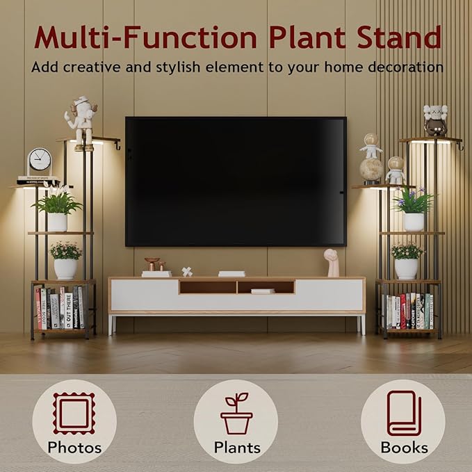 Plant Stand Indoor with Grow Light, 5-Tiered Tall Plant Stand Indoor, Metal Plant Shelf with Hanging Basket Hook and Adjustable Light, Ideal for Living Room, Garden, Patio,Brown and Black（2 pcs ）