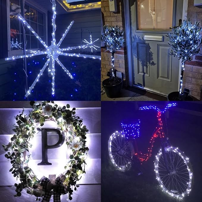 QITONG 4 Pack White Solar Fairy Lights, Each 33ft 100 LED String Light Outdoor Waterproof, 8 Modes Silver Wire Solar Twinkle Lights