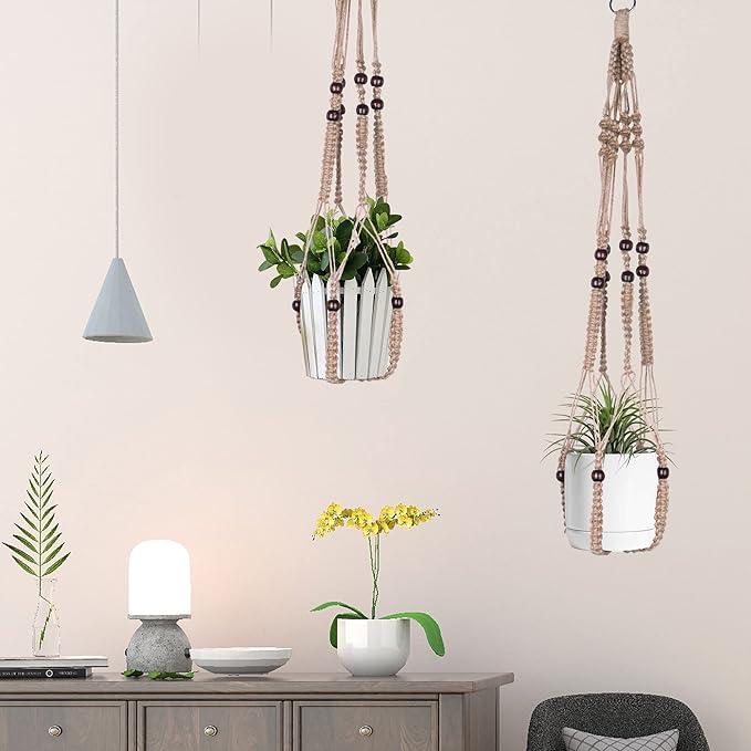 Macrame Plant Hanger Indoor Hanging with Wood Beads Macrame Planters No Tassel for Indoor Outdoor Boho Home Decor 35 Inch (Brown, 1pc)