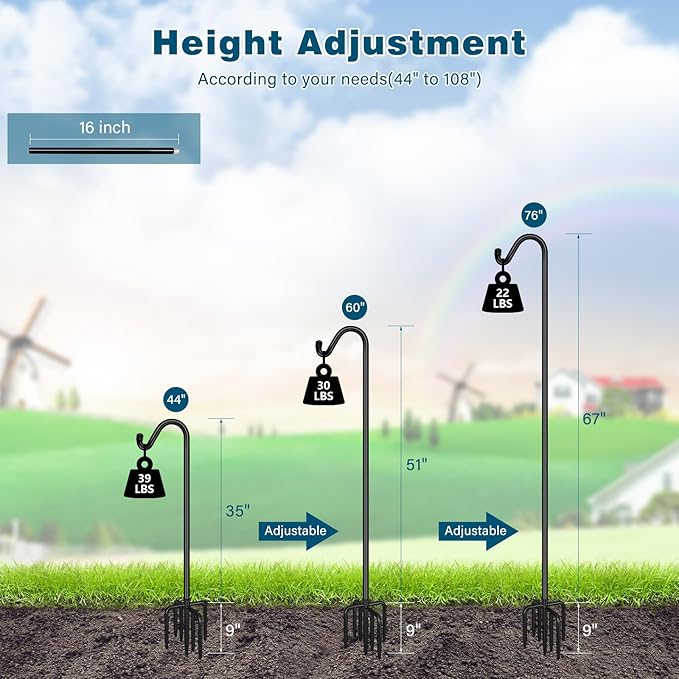Gtongoko Adjustable Shepherds Hooks for Outdoor 76 Inch Bird Feeder Pole with 7 Prongs Base, 5/8 Inch Thick Heavy Duty for Hanging Bird Feeder, Plant Baskets,1 Pack