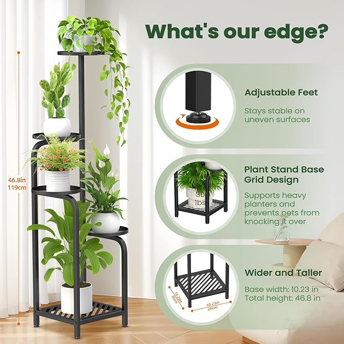 TOSKING 5 Tier Tall Plant Stand Indoor Outdoor, Heavy Duty Corner Shelf for Plants & Decor, Space Saving 3.9FT Metal Flower Pot Stand for Balcony, Garden, Living Room, Patio (Black, 47in)