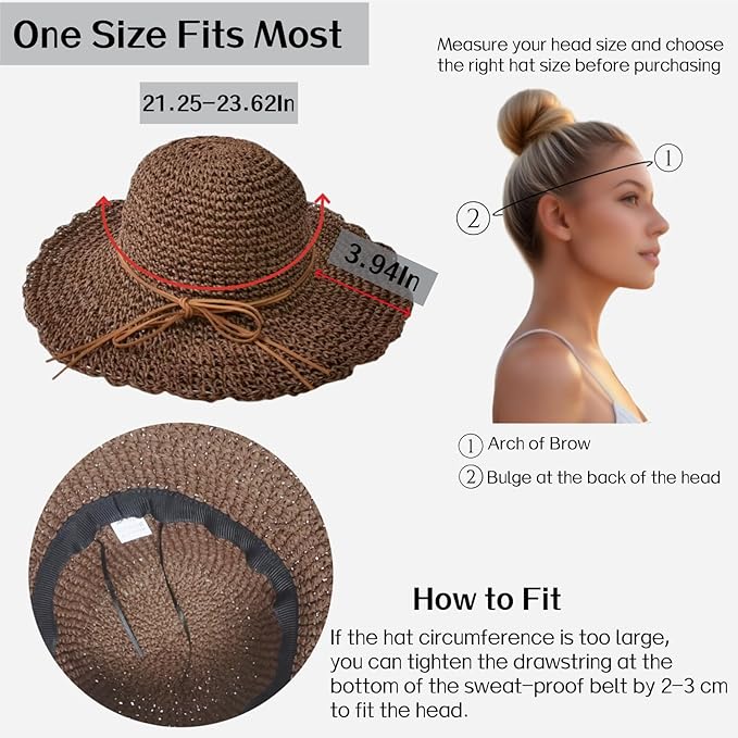 Womens Straw Beach Sun Hats, Foldable Packable Floppy Handmade Crochet Hats for Women,Large Summer Vacation Wide Brim Hat