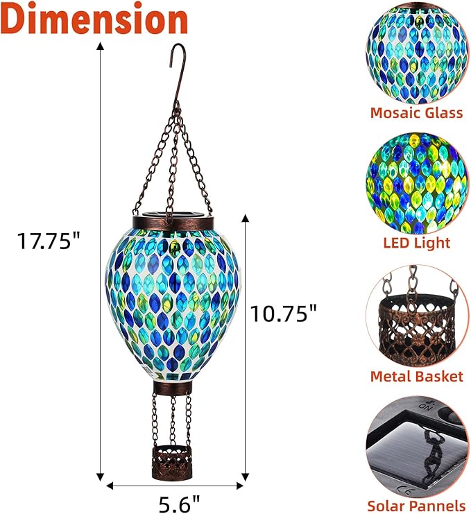 VOREEN Hot Air Balloon Solar Lantern, Mosaic Solar Outdoor Hanging Wind Light, Waterproof, Patio Festive Decor, Easter Gifts for Mom Father Grandma, Blue