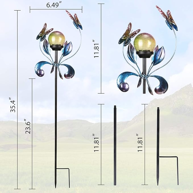 VCUTEKA Solar Lights Outdoor Metal Garden Stake Waterproof Crackle Glass Globe Garden Decor Butterfly for Pathway, Lawn, Patio, Yard