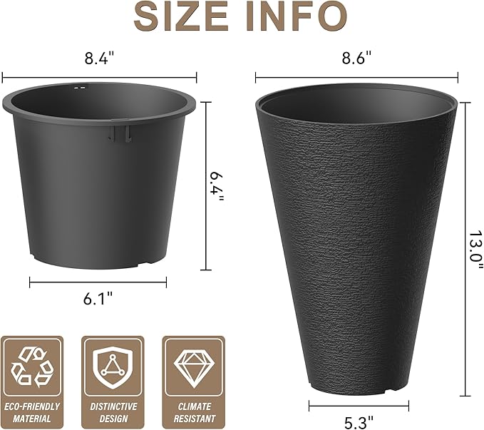 Kante Tall Round Planter Set of 2, 13 Inch Tall Decorative Planter Pots for Outdoor Indoor Garden Patio Front Porch (Black)