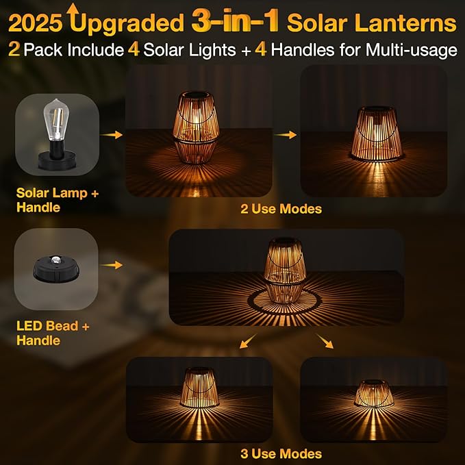 Uspring 2 Pack 3-in-1 Solar Lanterns Outdoor Waterproof Rattan Woven Hanging Solar Lights for Outside with Bright Lamp & LED Bead & 4 Handles, Garden Gifts Decor for Women Mom Patio Yard Porch
