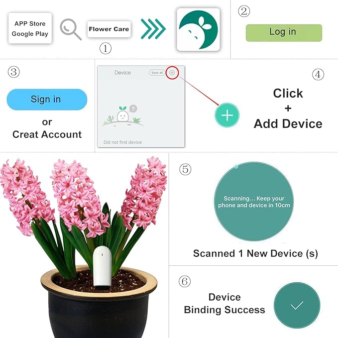 Soil Moisture Meter 4 in 1,Plant Water Monitor,Automatically detect Moisture/Temperature/Light/Fertility,Can Connect to Mobile Phone via Bluetooth,Hygrometer Sensor for Indoor Plants (1pc)