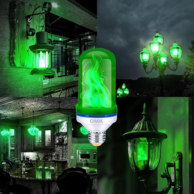 OMK 4 Pack Green Light Bulbs, Christmas Flame LED Light Bulbs Decorations Flickering/Breathing/Ligting/Gravity 4 Modes Flame Bulb for Bars Hotel Yard Porch Party Outdoor Decorative Holiday Gifts