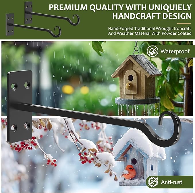 Heavy Duty Plant Hangers Outdoor- Hand-Forged Hanging Plant Brackets - 2 Pack 12 Inch Black Wrought Iron Wall Plant Hooks for Hanging Plants, Lanterns, Bird Feeders