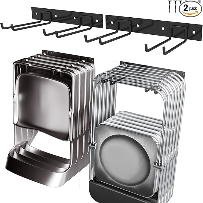 Garage Tool Organizer Wall Mount, 2Pack Folding Chair Storage Rack, Heavy Duty Garden Tool Holder for Hanging Shovel Rake Broom Ladder
