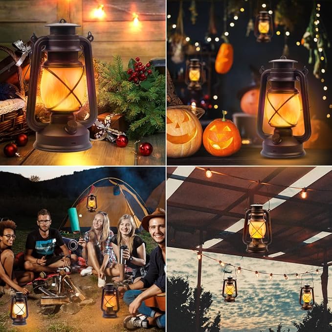 Lantern LED Battery Powered Camping Lamp Outdoor Hanging Lantern Flickering Flame Rechargeable Retro Lanterns Remote Control 4 Modes Light Non-Solar 2 Pack