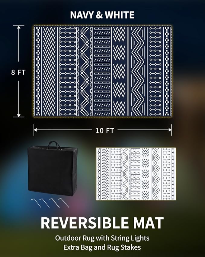 Outdoor Rug Carpet Waterproof 8x10 ft with LED Strip Lights-Patio Rug Mat Indoor Outdoor Rug for RV Camping Picnic Reversible Lightweight Plastic Straw Outside Rug for Patio Decor Decoration Boho Rug