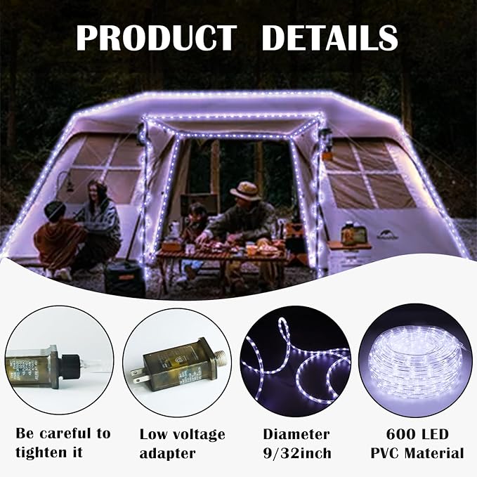 50Ft 600 LED Rope Lights Outdoor, White Flexible Tube Light Waterproof Plug in 8 Modes Timer Memory, Permanent String Lights for Tree,Pool, Bedroom, Fence, Garden, Indoor, Outside Decorations