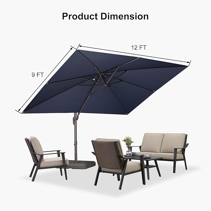 PURPLE LEAF 9' X 11.5' Rectangle Cantilever Umbrella Patio Umbrella Outdoor Aluminum Offset Hanging Umbrella with 360-degree Rotation for Pool Garden Backyard Deck, Navy Blue