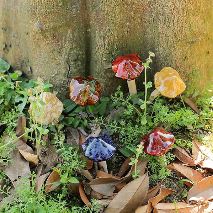 Ceramic Mushrooms for Garden 6 Pack Small Mushroom Decor Garden Decor Outside Outdoor Lawn Ornaments Decorative Plant Stakes Decorations for Pots Yard Little Toadstool Statue Gifts Brown