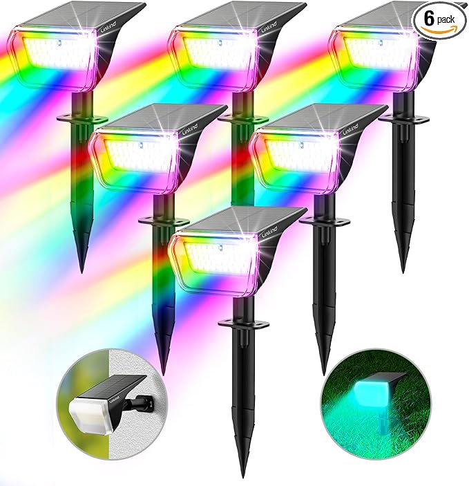 Linkind Solar Spot Lights Outdoor, Color Changing Solar Lights with 10 Lighting Modes and Waterproof IP67, Ideal for Yard, Garden Decoration (6 Pack, Multicolor)
