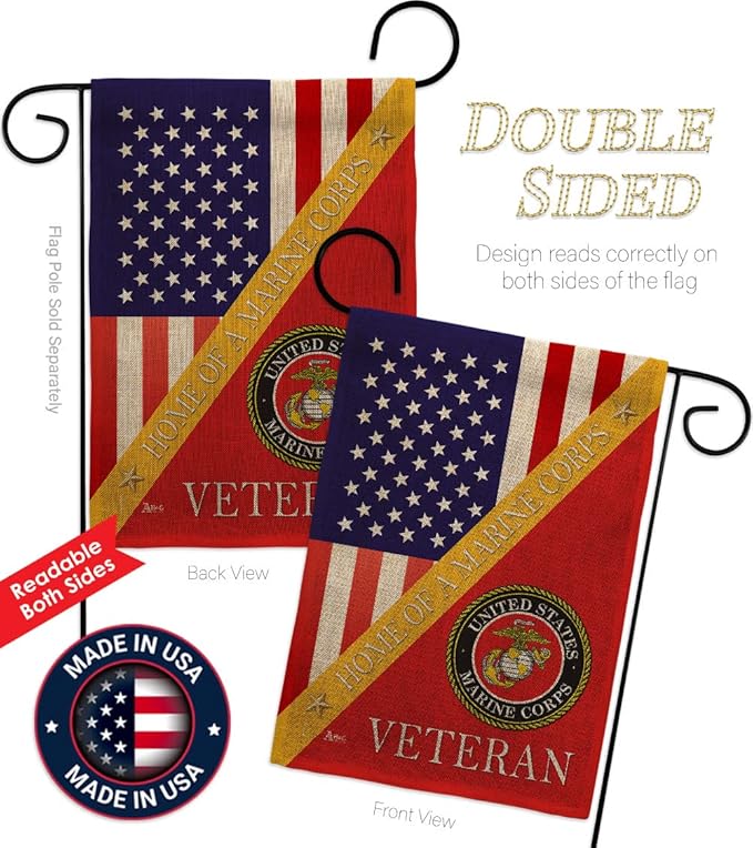 Home of Marine Corps Burlap Garden Flag - Set with Stand Armed Forces USMC Semper Fi United State American Military Veteran Retire Official House Banner Cemetery Yard Rememberance Veterans Day Gifts