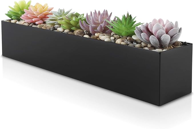 Modern Black Trough Rectangular Planter, 16“ Metal Window Planter Box for Succulent, Small Rectangle Box for Desk or Windowsill, Stainless Steel, Great Gift Ideas for Women Men