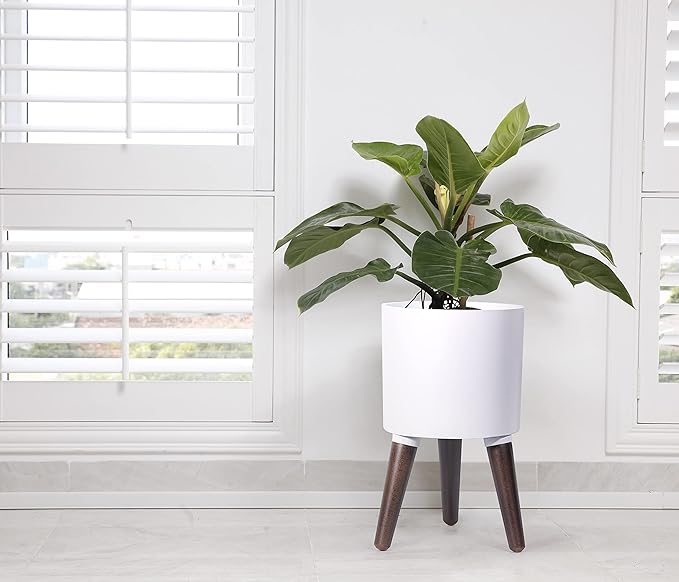 D'vine Dev 8 Inch Planter Pot with Stand, Mid-Century Tall Plant Pot with Legs for Indoor Plants, Small, White, 88-O-A-1