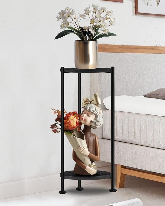 Plant Stand Indoor, 2 Tier Plant Stands for Indoor Plants, 30" Tall Flower Stand with Round Wooden Board Modern Plant Shelf for Living Room, Balcony, Deck
