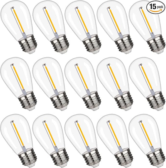 S14 Replacement LED Light Bulbs, Shatterproof & Waterproof 1W S14 LED Bulbs, Outdoor String Lights , E26 Base Patio Edison LED Light Bulbs, Warm White 2200K Plastic 70ML Non-Dimmable 15 Pack