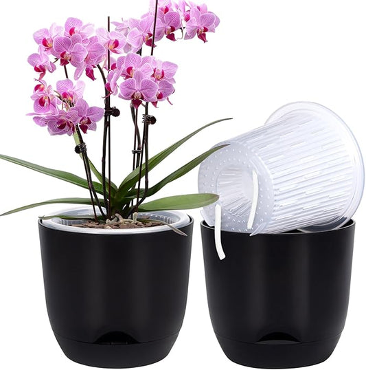 QCQHDU 2 Pack Orchid Pots with Holes for Repotting, Double-Layer and Self Watering Orchid Pot with Good Air Circulation