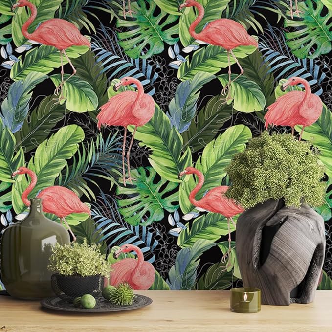 Hawaii Tropical Flamingo Palm Tree Peel and Stick Wallpaper Self Adhesive Removable Easy Peel Off Stick on Wall Paper for Bedroom Cabinet Renter