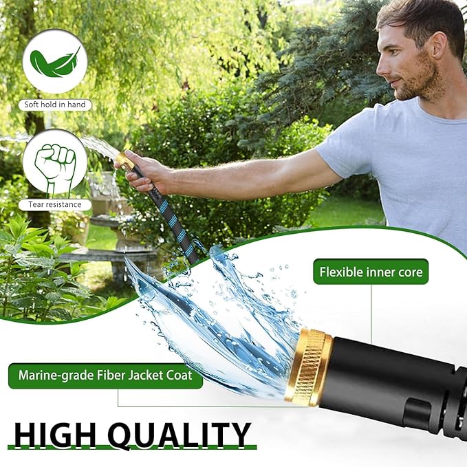 50Ft Non-Expandable Garden Hose, Flexible Water Hose with 10-Pattern Spray Nozzle, Lightweight Hose Pipe, Kink-Free, Leak-Proof, 3/4" Solid Metal Fittings