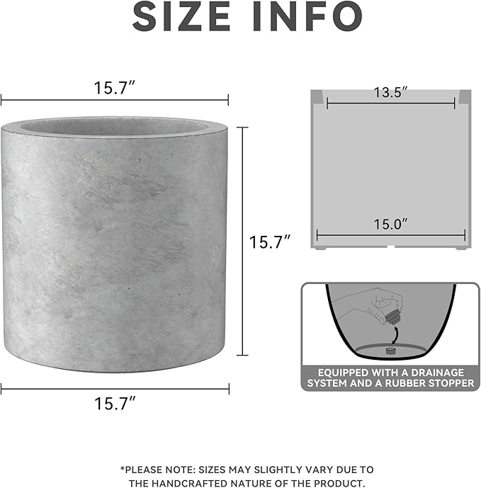 Kante 15.7" Dia Round Concrete Planter, Modern Style Large Cylindrical Plant Pot with Drainage Hole and Rubber Plug for Indoor Outdoor Patio, Natural Concrete