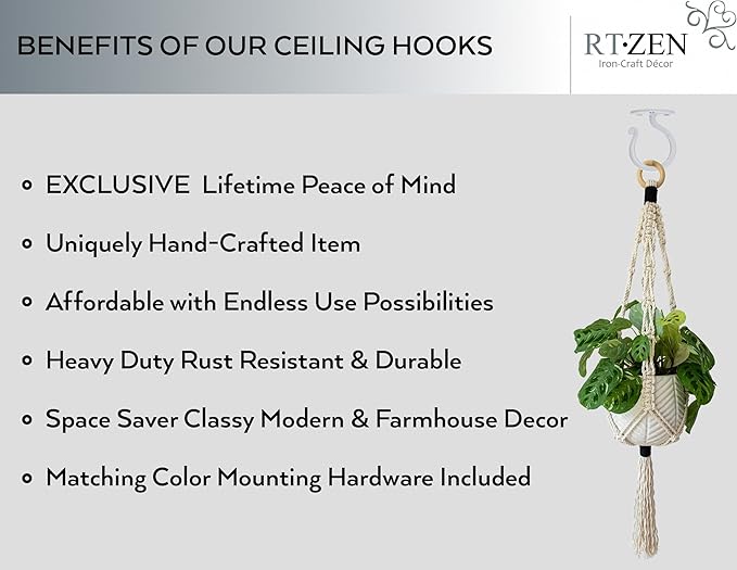 RTZEN Plant Hangers Outdoor or Indoor - Wrought Iron Metal Hanger Indoor Hook - Heavy Duty Wall Bracket Hooks for Hanging Plants Baskets Lanterns Wind Chimes - 2 Pack (White Ceiling Hooks)