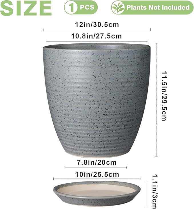 12 Inch Plant Pot, Ceramic Planter Pot with Drainage Hole and Saucer Round Large Flower Pot for Indoor Plants, Light Gray
