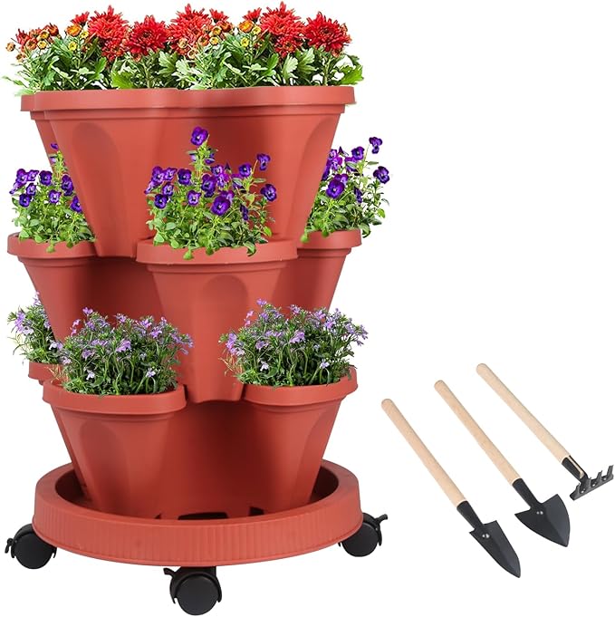 Vertical Planter 3 Tier Stackable Planters Garden Planters Strawberry Herb Flower and Vegetable Planter Indoor Outdoor Gardening Pots with Removable Wheels and Tools