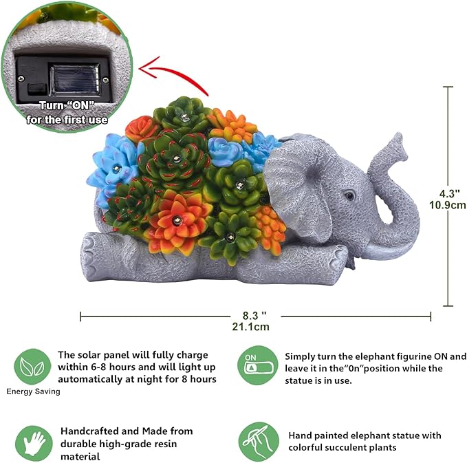 Nacome Elephant Statues with Succulent for Garden Decor: Solar Outdoor Clearance Outside Yard Art Porch Patio Balcony Front Lawn Ornaments –Birthday Gifts for Mom Grandma Women