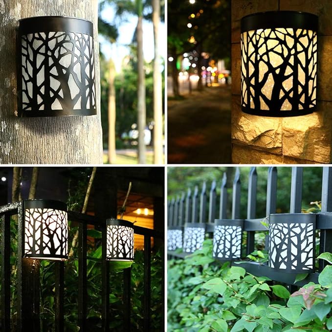 DenicMic Solar Wall Lights Outdoor Wall Sconce Fence Lighting for Patio Front Door Yard Deck Stair Led Forest Decorative Lamps, Waterproof, Warm White/Color Changing (2 Pack)