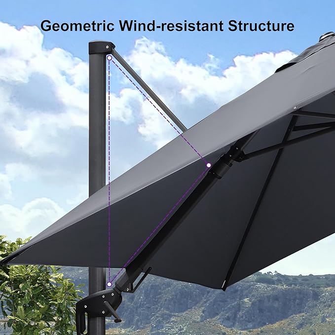 PURPLE LEAF 8.8' X 8.8' Left-right Tilt Patio Umbrella with Base Outdoor Cantilever Swivel Square Umbrella Aluminum Offset Umbrella with 360-degree Rotation for Garden Deck Pool Patio Light Grey