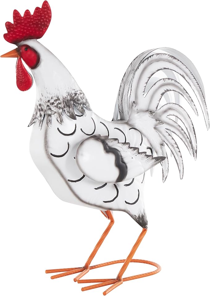 Deco 79 Metal Rooster Decorative Garden Sculpture Garden Statue with Black and Red Accents, Outdoor Sculpture 6" x 16" x 18", White