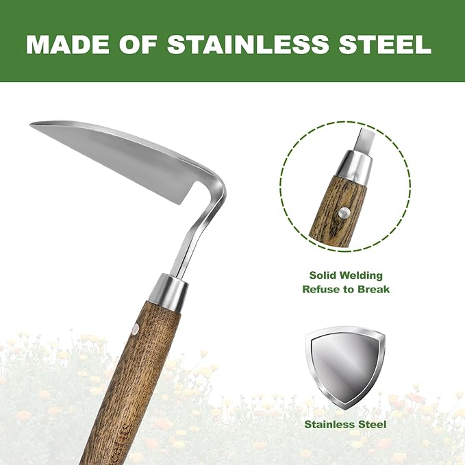 Haliaeetus Gardening Sickle Hoe, Japanese Bent Angle Weeding Sickle, Stainless Steel Weed Hoe Scraper