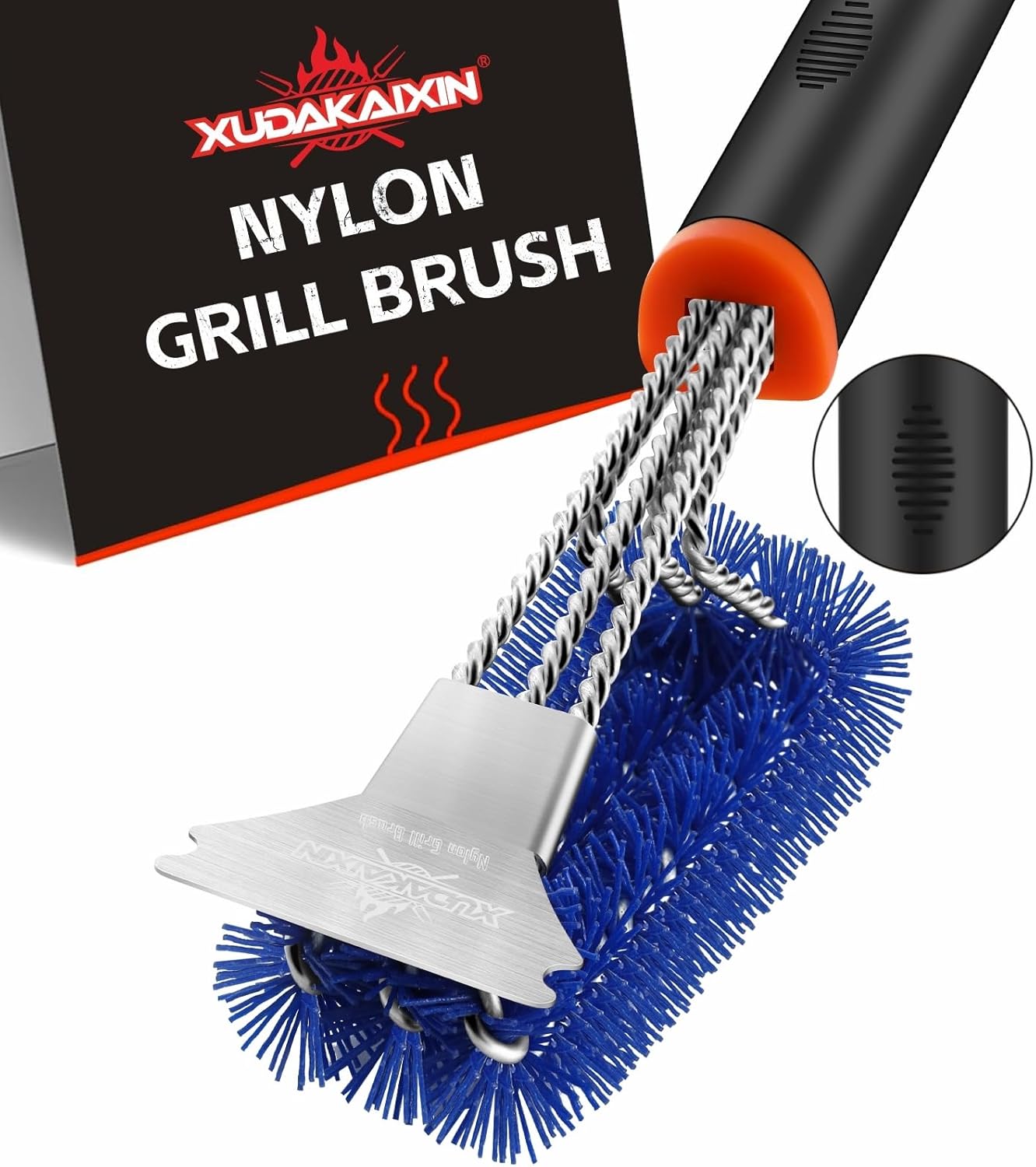 Grill Brush and Scraper, Safe Nylon Bristles Barbecue Triple Scrubbers Cleaning Brush for Cast Iron Grates/Porcelain/Weber Gas/Charcoal Grill,Extra Strong BBQ Cleaner Accessories (Blue)