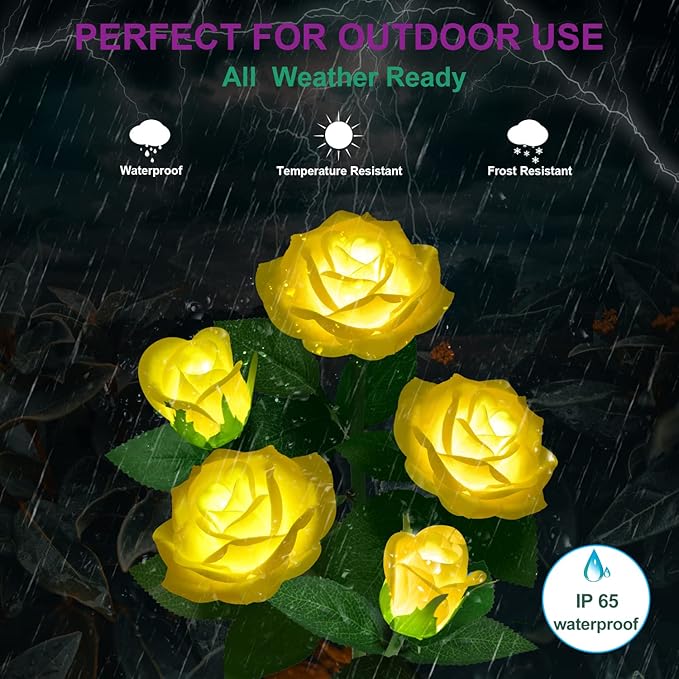 Solar Flower Lights Outdoor - Upgraded New Material Two Modes Realistic LED Solar Powered Waterproof Lights with 5 Roses, Solar Decorative Stake Lights for Garden (Yellow, 2 Pack)