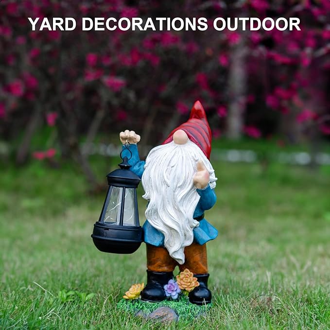 Solar Garden Statue Lights Gnome Figurine with Solar Lantern, Outdoor Garden Succulent Ornaments Waterproof Christmas Decoration for Outside Patio Yard Lawn Decor