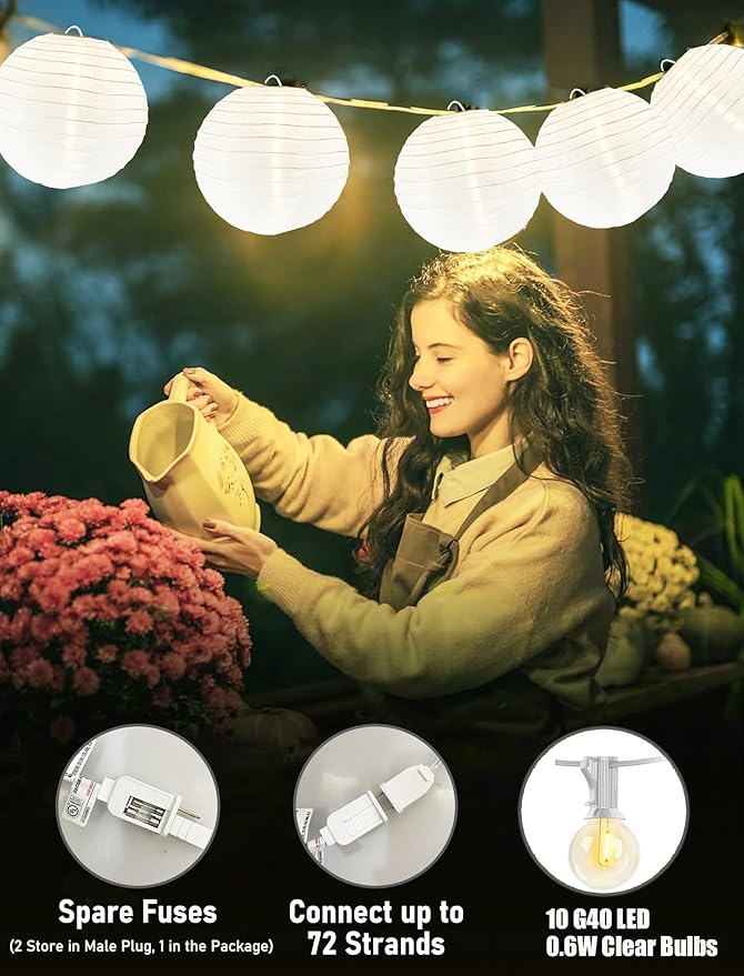 Lantern String Lights Outdoor, 27.5FT White Lantern String Lights Plug in with 10 Nylon Lanterns and G40 LED Bulbs, Hanging Light Strings Waterproof for Indoor Bedroom Outdoor Patio Wedding Party
