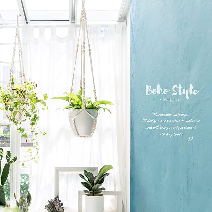 Mkono 43 Inch Macrame Plant Hanger Large for up to 12 Inch Pot Extra Long Hanging Plant Holder No Tassels Hanging Planter Basket with Wood Beads for Indoor Outdoor Boho Home Decor, Ivory