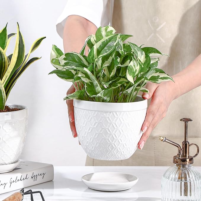 Sureasy Ceramic Indoor Plant Pots - 5.6 Inch Flower Pots for Plants with Drainage Hole and Saucer, Embossed Planter for Succulents, Orchid, Cactus, Indoor Home Decor, Set of 4, White