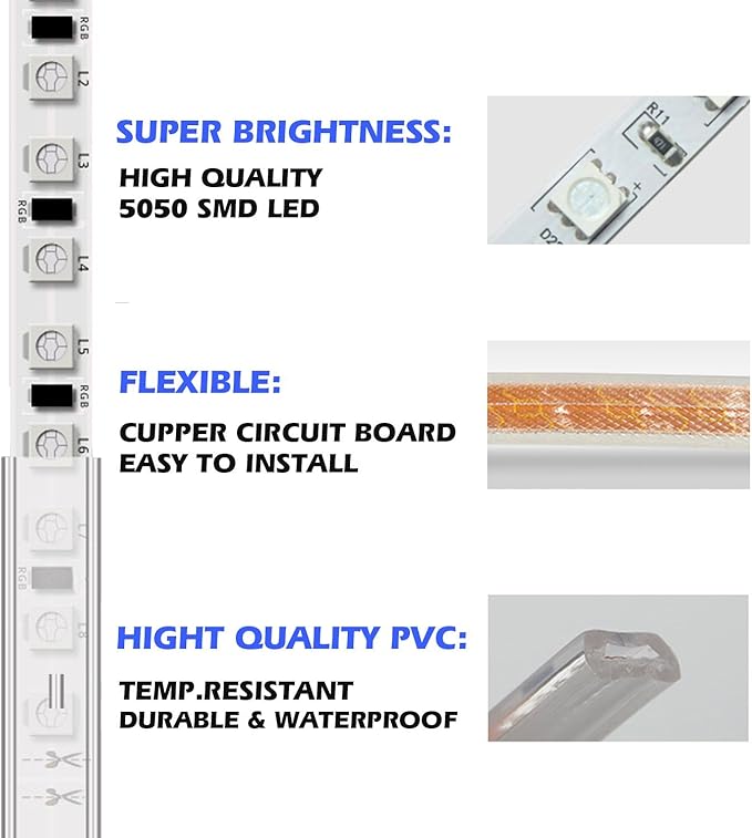 5050-60 Type AC 110-120V LED Strip Lights, Flexible/Waterproof/Dimmable/Multi-Modes LED Rope Light + 23 Keys Remote for Home/Garden/Building Decoration (16.4ft/5m, Warm White 3500K)