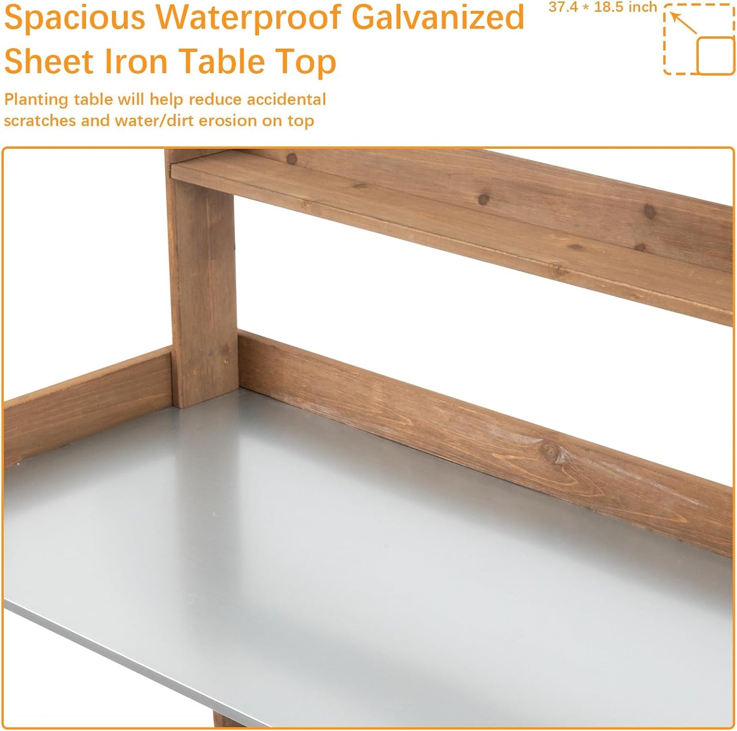 Folding Potting Bench Table,Outdoor Potting Bench Garden Wooden Potting Table,Fir Wood Workstation Planting Table with Galvanized Tabletop,2 Tier Storage Shelves,Top Shelf(Brown)