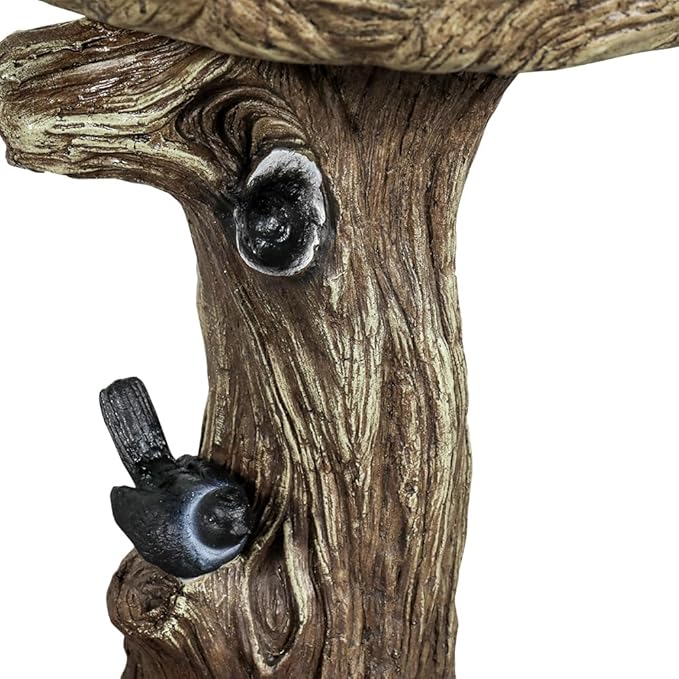 SunJet 23 Inch High Wood-Look Concrete Bird Bath with Decorative Faux Bird – Birdbath Rustic & Long-Lasting Design, Enhances Garden, Patio, Yard, Lawn Decor