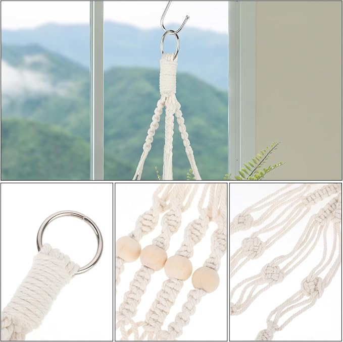 Macrame Plant Hanger Indoor, 2 Pack Boho Decor Hanging Plant Holder Hanging Planters for Indoor Plants Window Plant Hanger Flower Pot Hanging Basket with Wood Beads and Metal Hook Rings Ivory 20 Inch